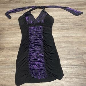 Chic Black and Purple Ruched Halter Dress